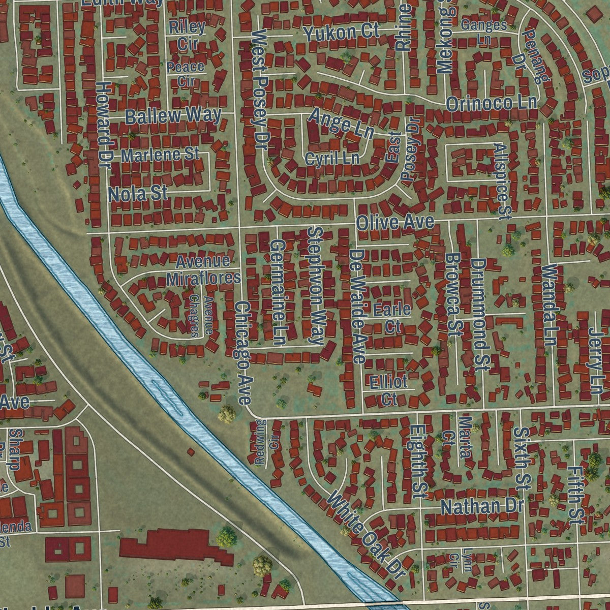 Close-up of the map of Valle Vista, California print showing street and building detail