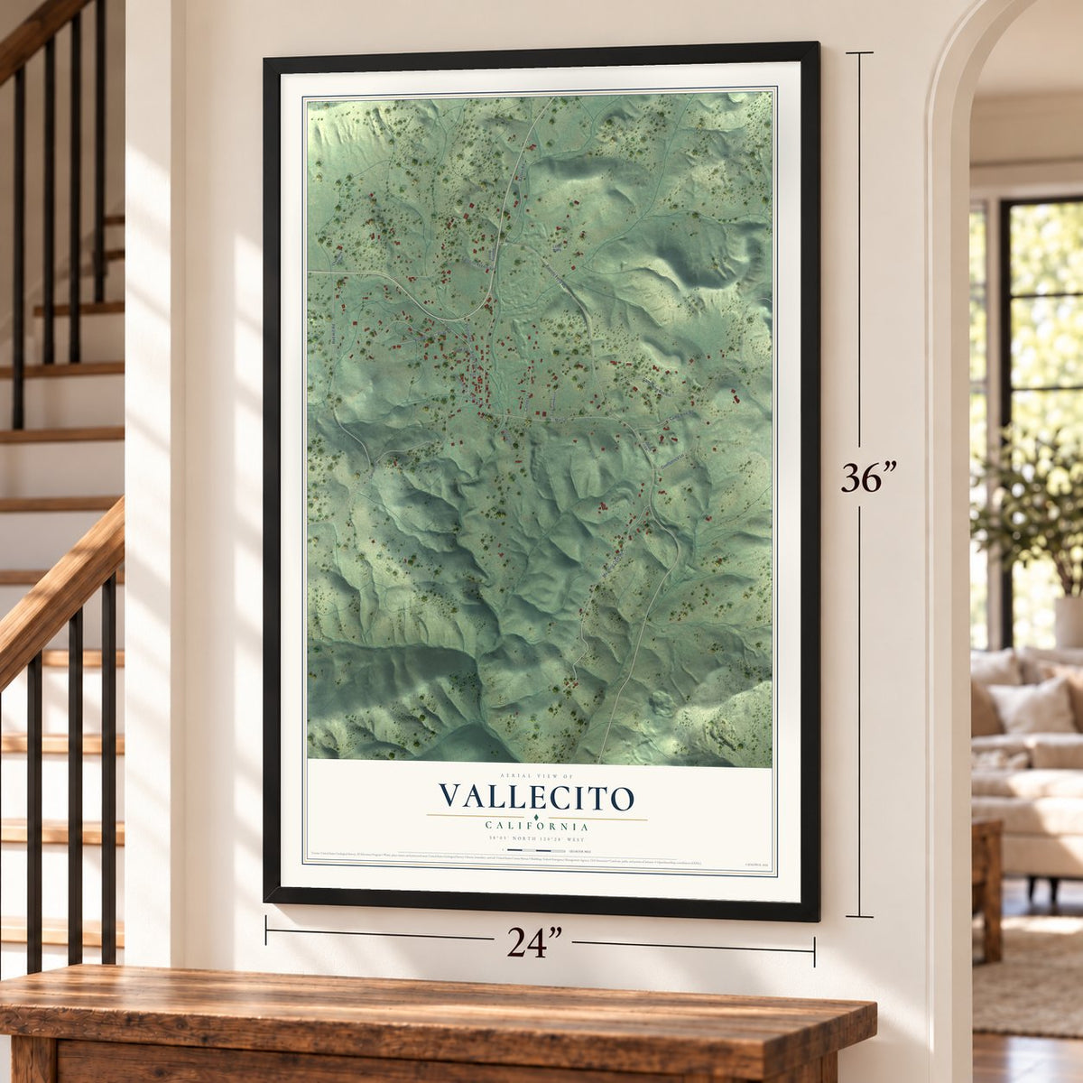 Vallecito, California map, 24 x 36 inch print in a black frame by a staircase
