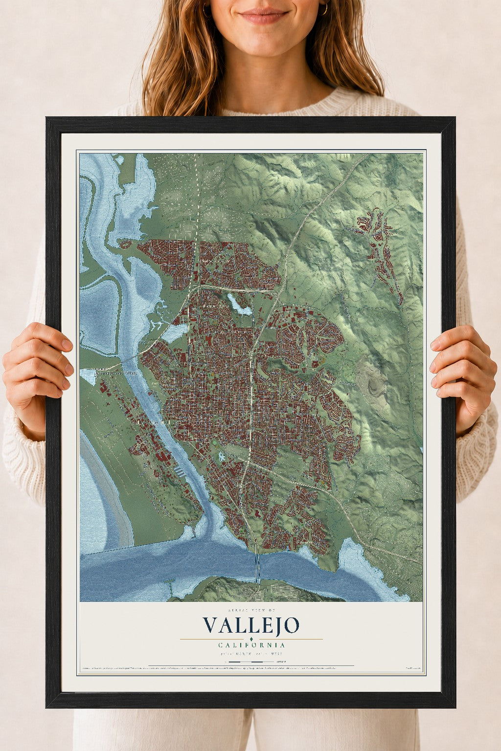 Map of Vallejo, California, 18 x 24 inch print in a black wood frame