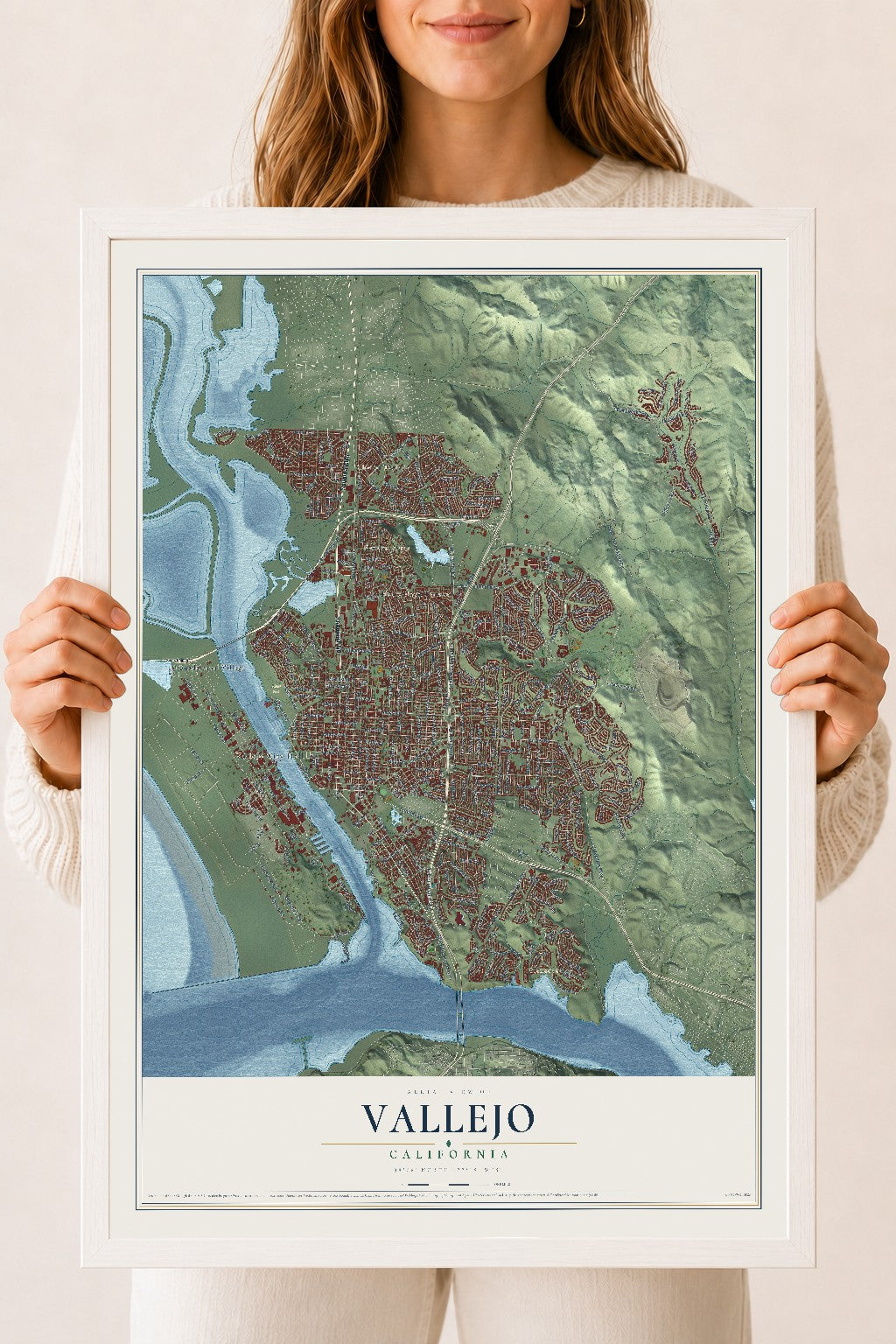 Map of Vallejo, California, 18 x 24 inch print in a white wood frame