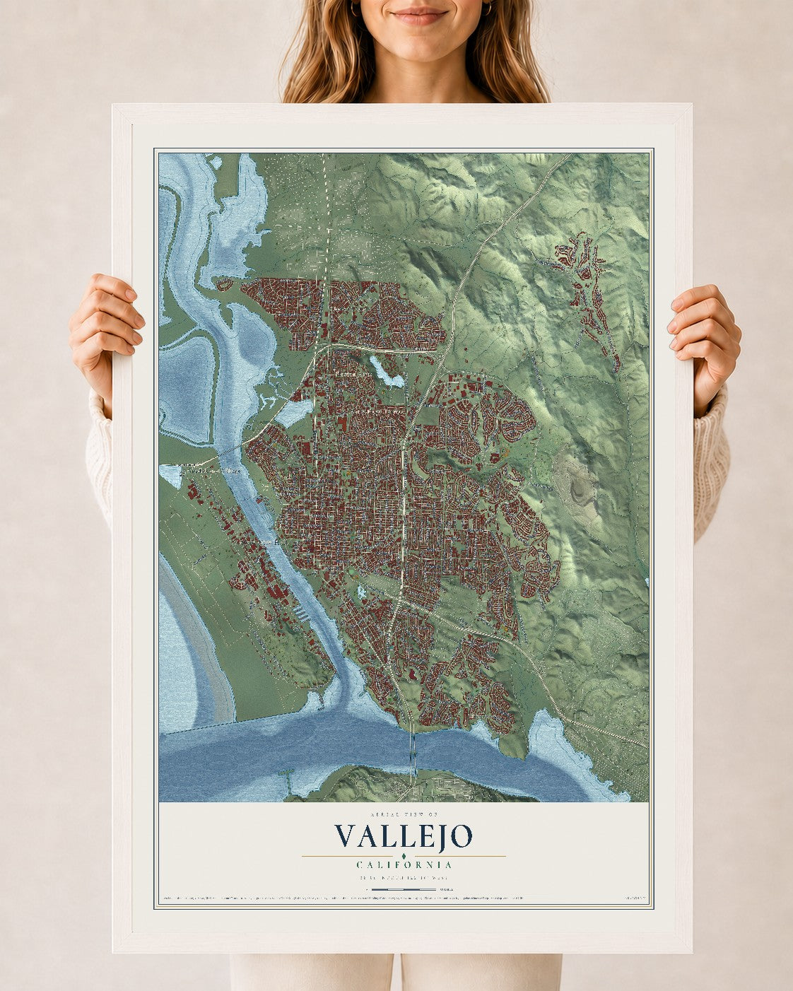 Map of Vallejo, California, 24 x 36 inch print in a white wood frame