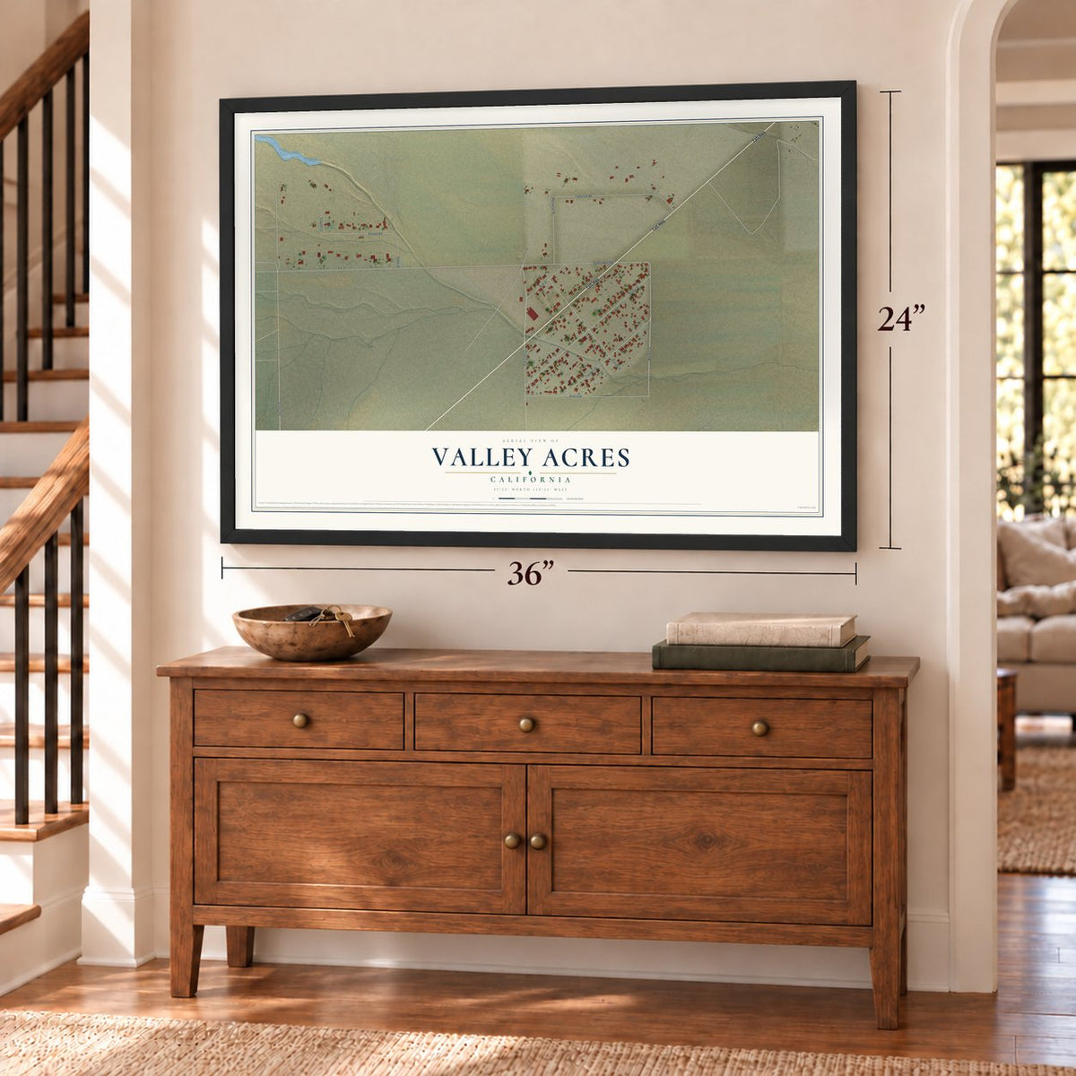 Valley Acres, California map, 24 x 36 inch print in a black frame above a dresser by a staircase