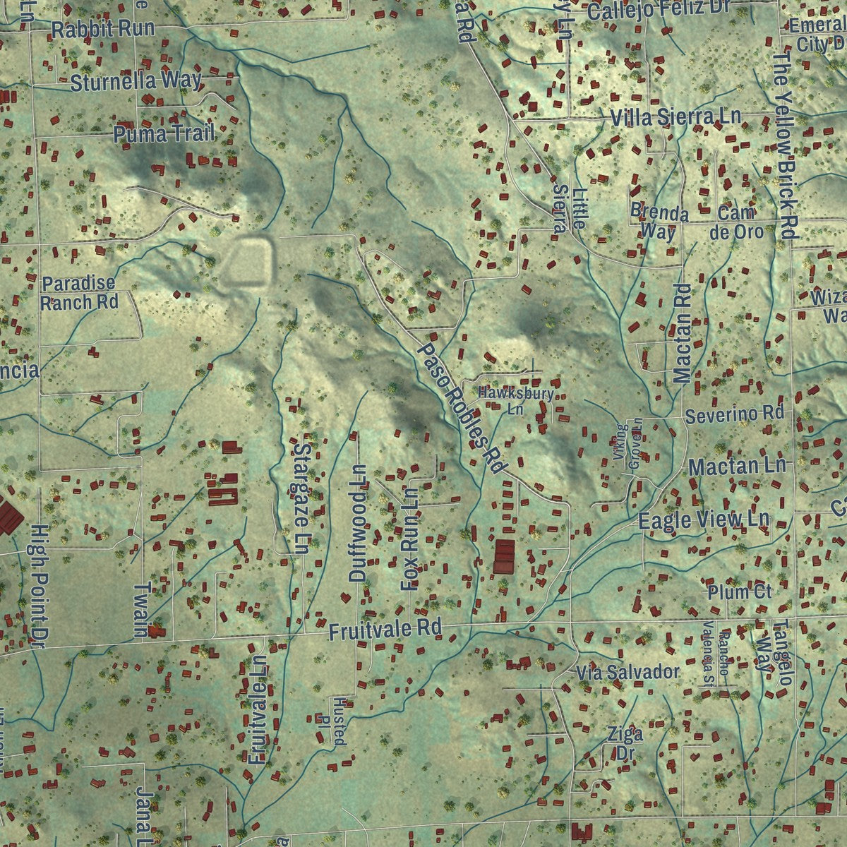 Close-up of the map of Valley Center, California print showing street and building detail