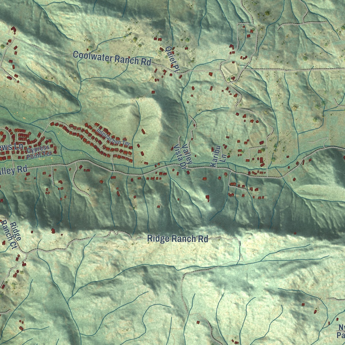 Second close-up of the map of Valley Center, California print showing more streets and buildings
