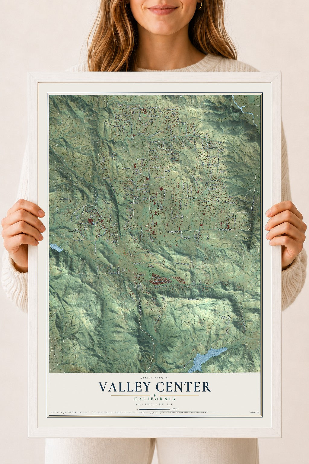 Map of Valley Center, California, 18 x 24 inch print in a white wood frame