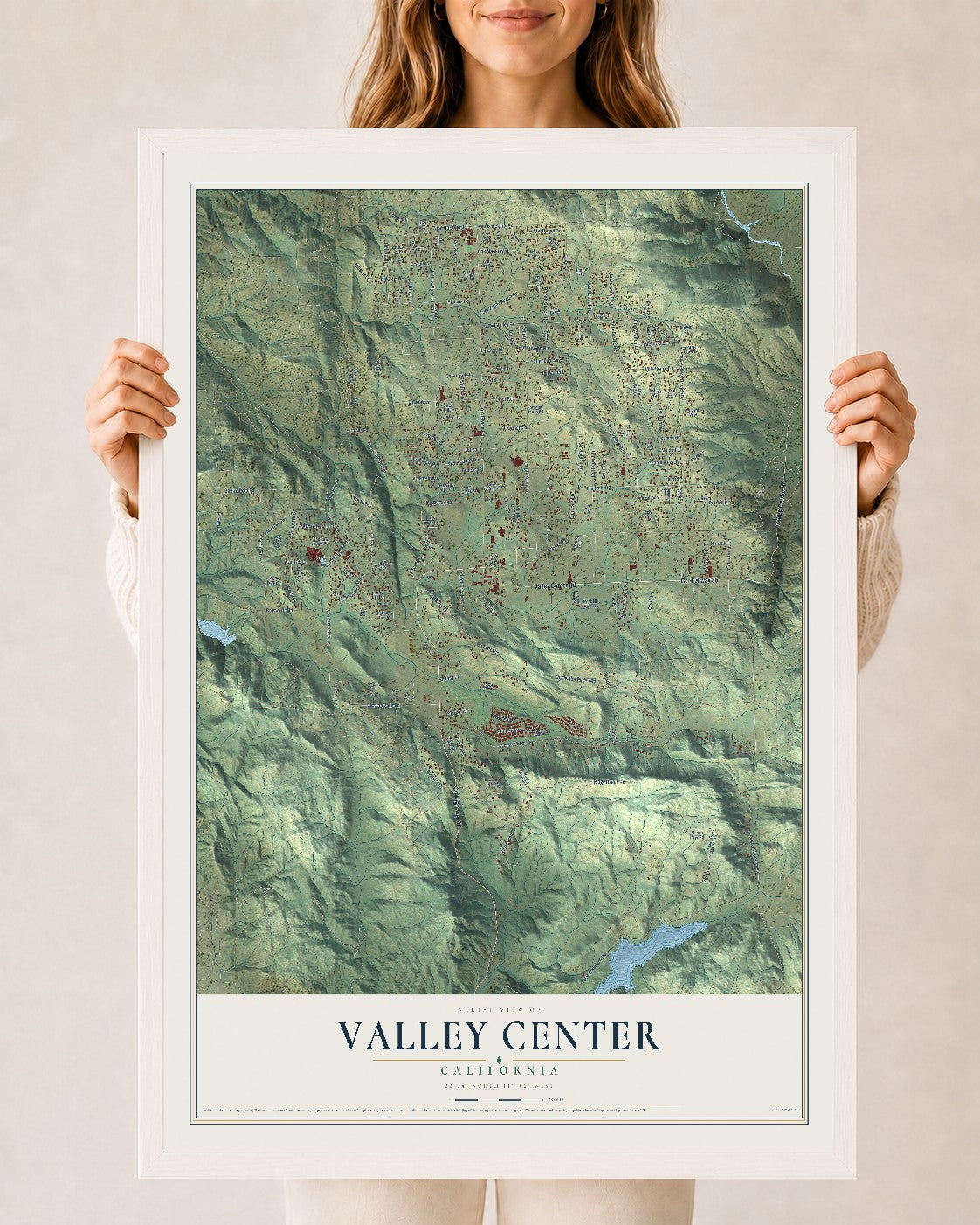Map of Valley Center, California, 24 x 36 inch print in a white wood frame