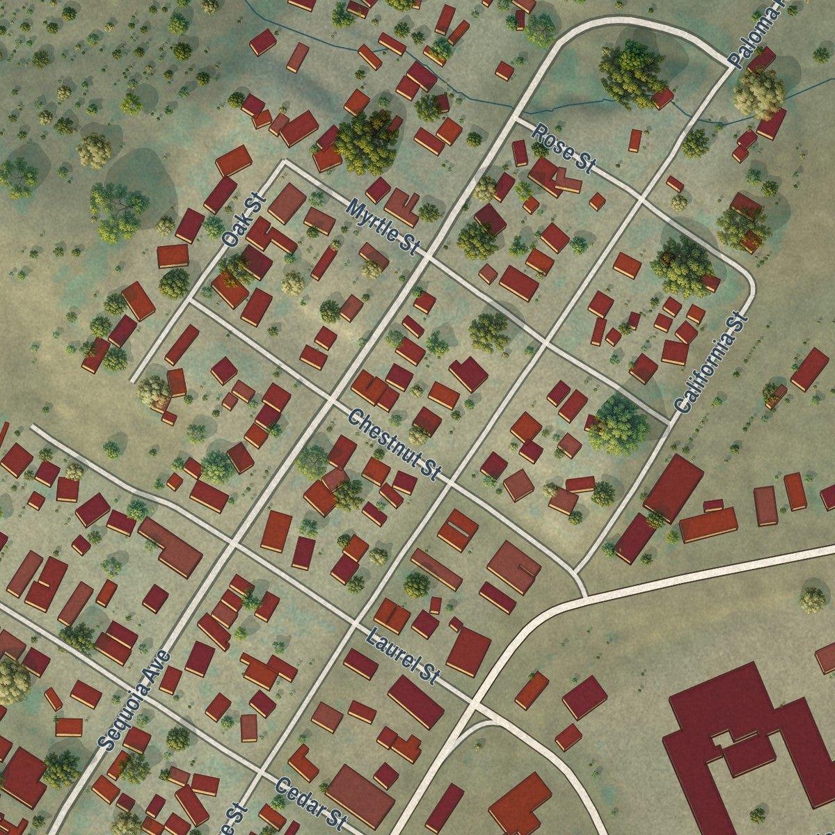 Close-up of the map of Valley Springs, California print showing street and building detail