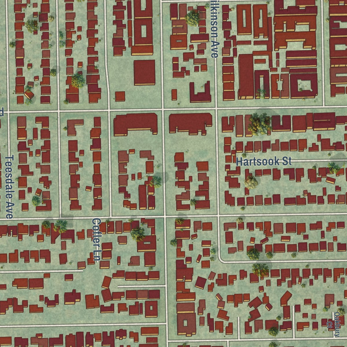 Close-up of the map of Valley Village, California print showing street and building detail