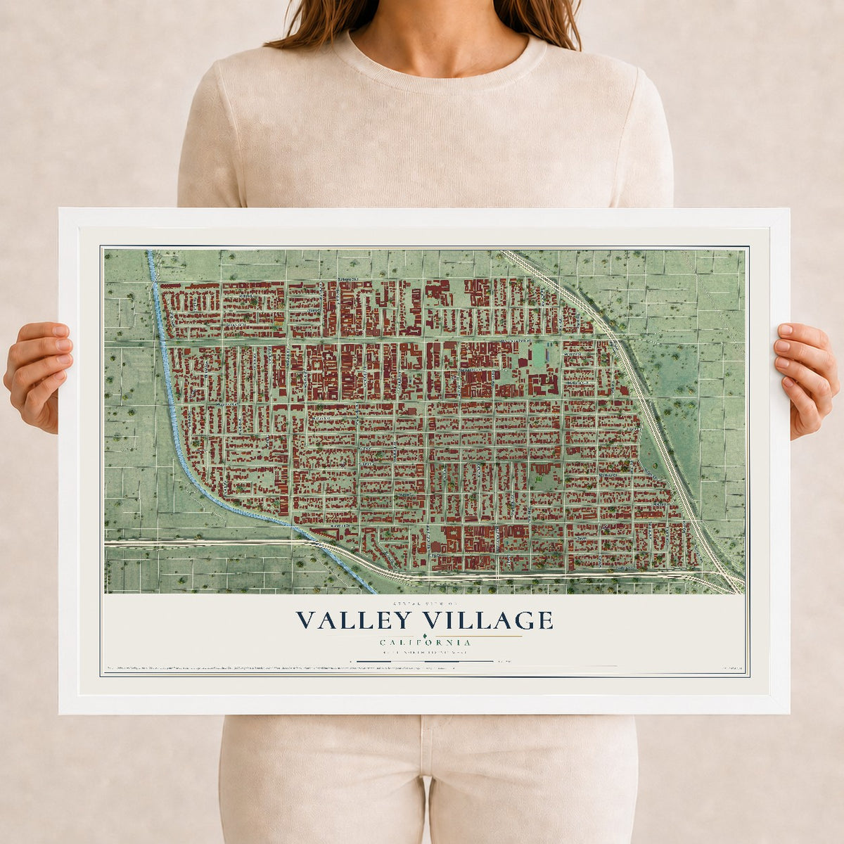 Map of Valley Village, California, 12 x 18 inch print in a white wood frame