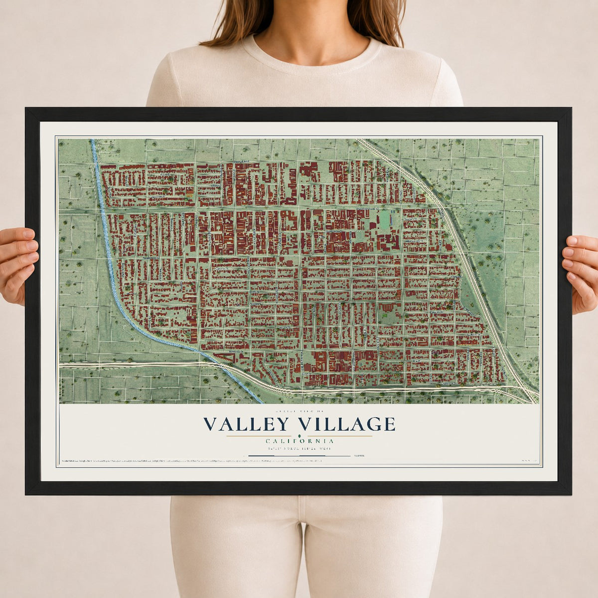 Map of Valley Village, California, 18 x 24 inch print in a black wood frame