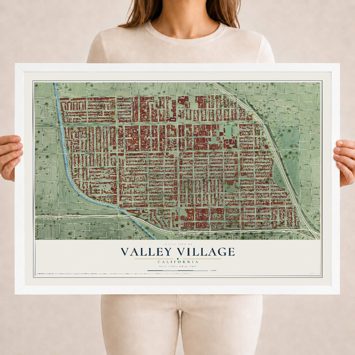 Map of Valley Village, California, 18 x 24 inch print in a white wood frame