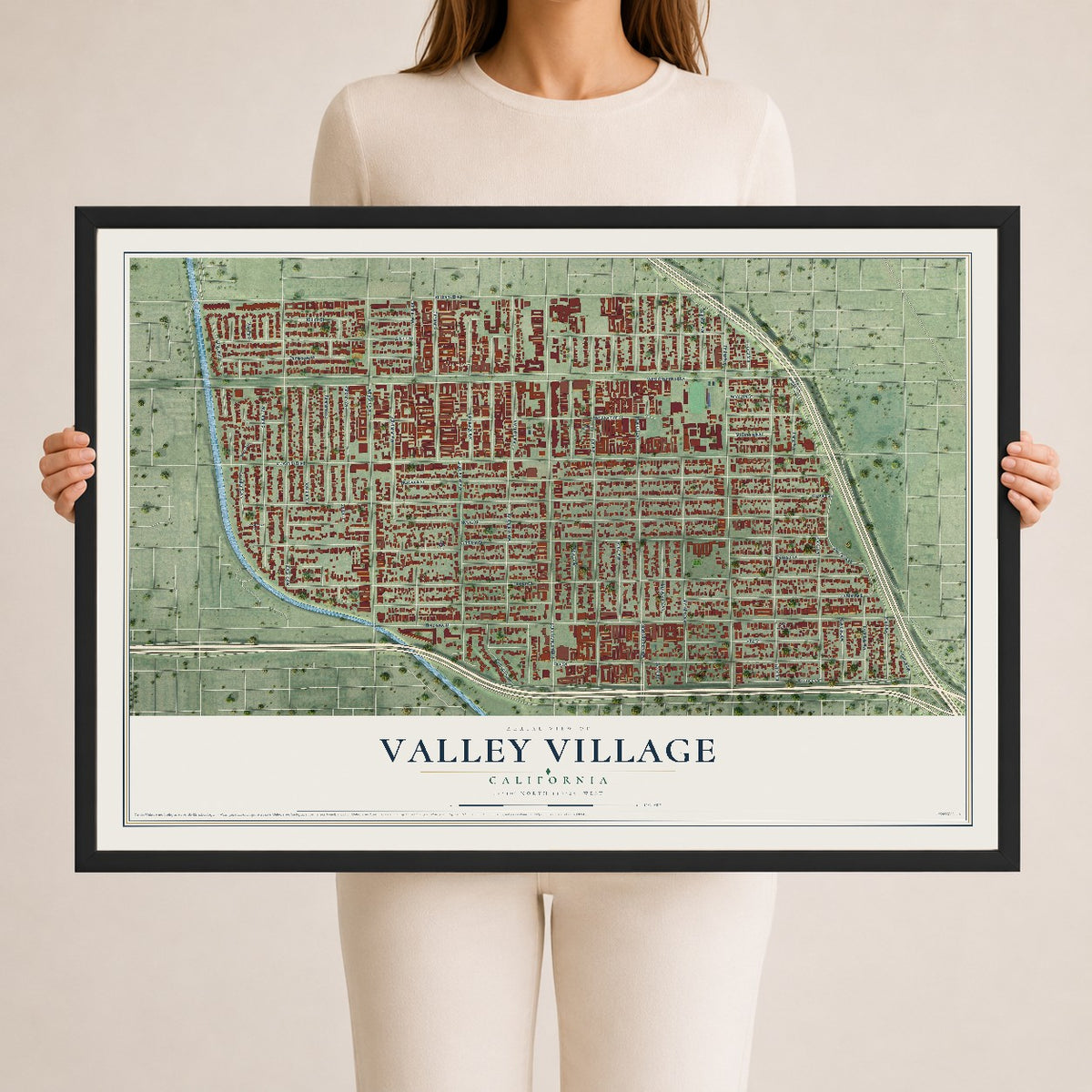 Map of Valley Village, California, 24 x 36 inch print in a black wood frame