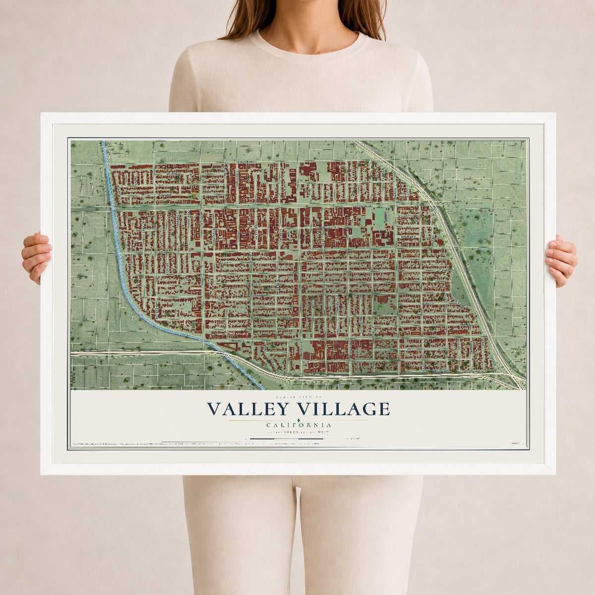 Map of Valley Village, California, 24 x 36 inch print in a white wood frame