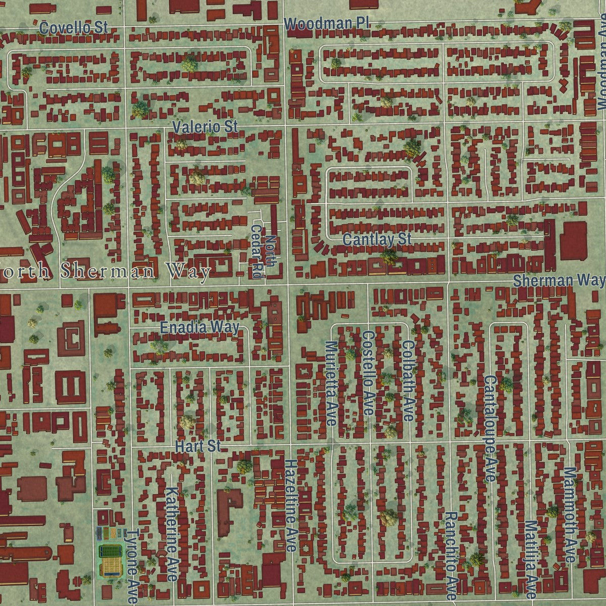 Close-up of the map of Van Nuys, California print showing street and building detail