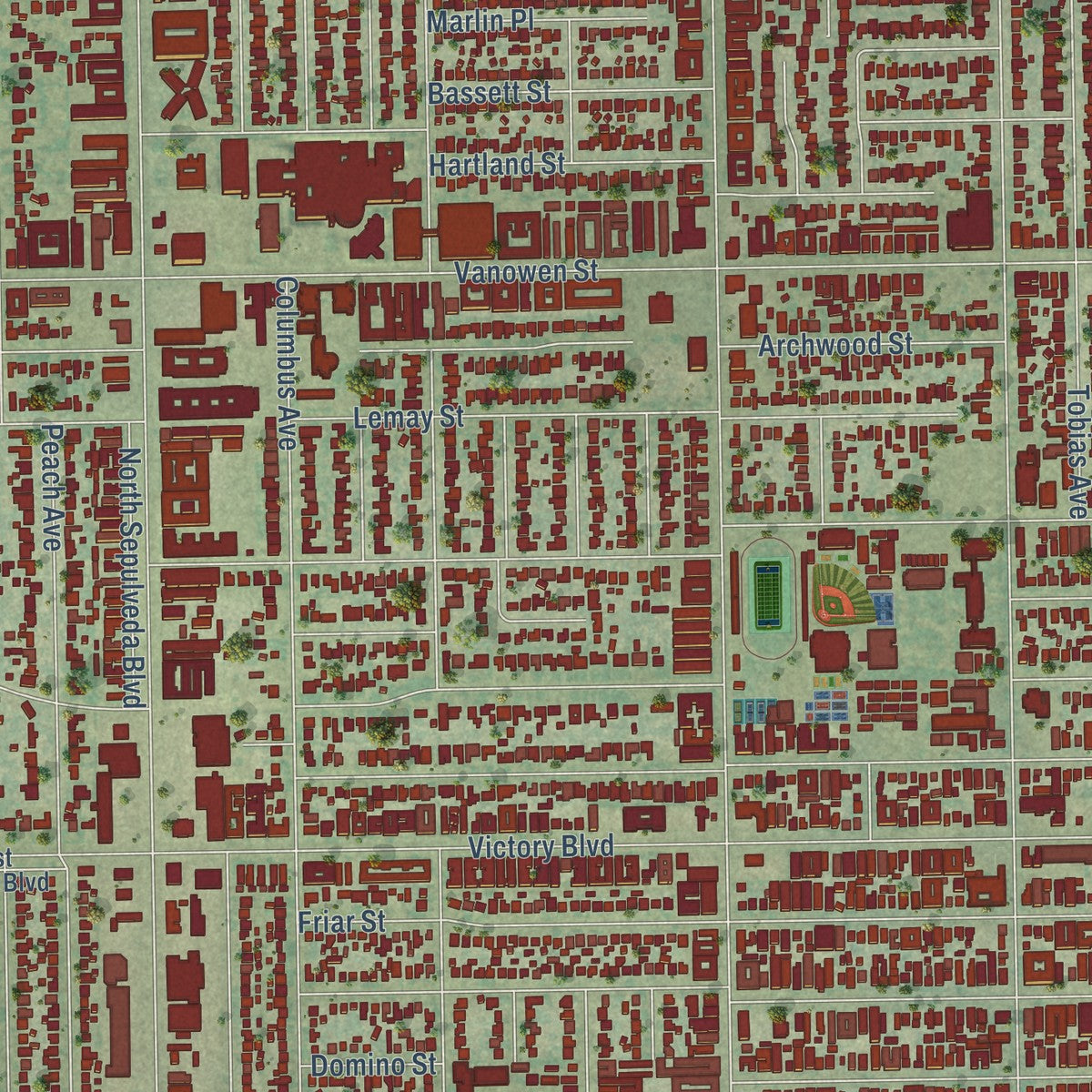 Second close-up of the map of Van Nuys, California print showing more streets and buildings