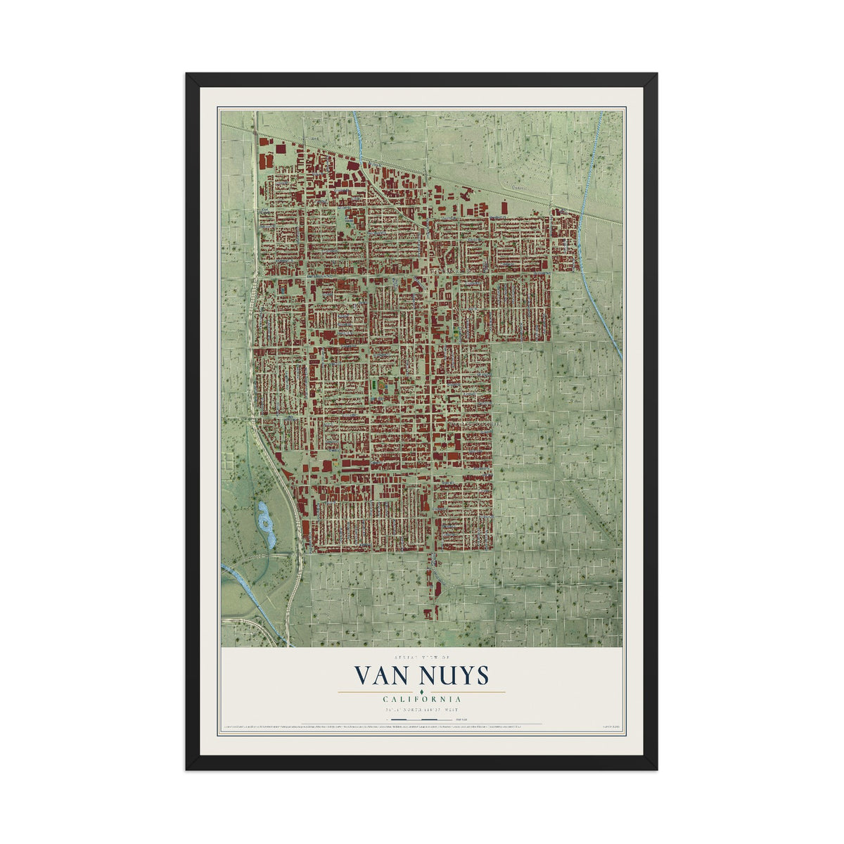 Map of Van Nuys, California, 12 x 18 inch print in a black wood frame
