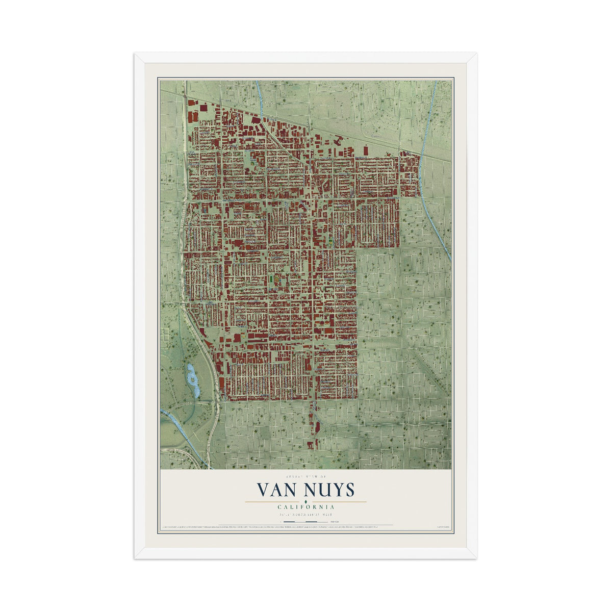Map of Van Nuys, California, 12 x 18 inch print in a white wood frame