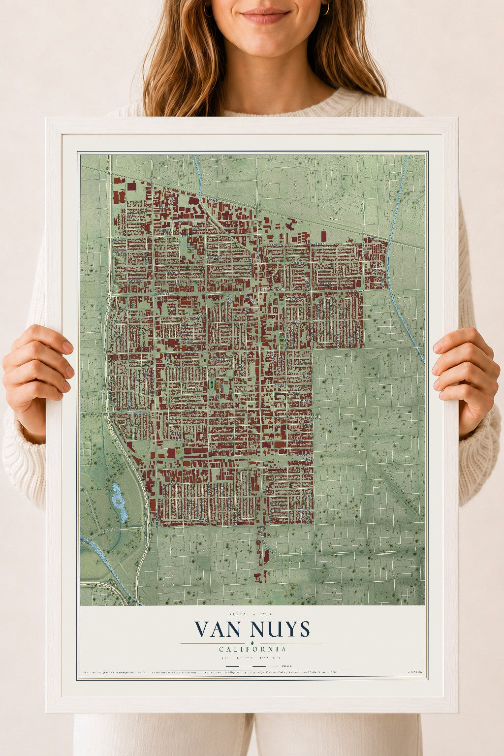 Map of Van Nuys, California, 18 x 24 inch print in a white wood frame