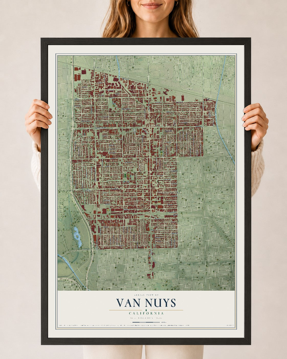Map of Van Nuys, California, 24 x 36 inch print in a black wood frame