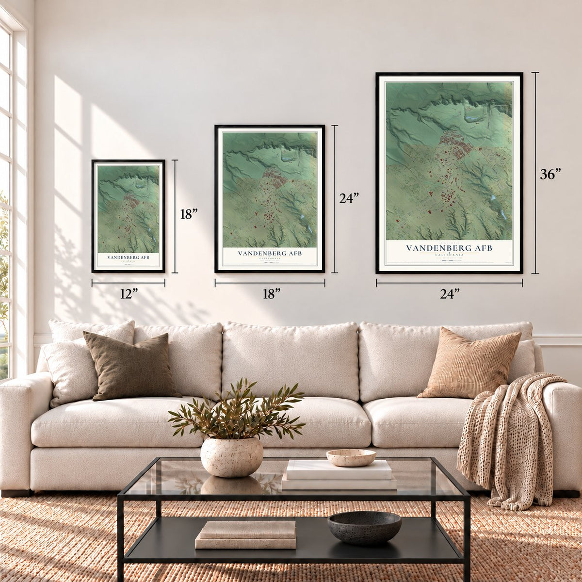 Vandenberg AFB, California map in 12 x 18, 18 x 24 and 24 x 36 inch sizes above a sofa