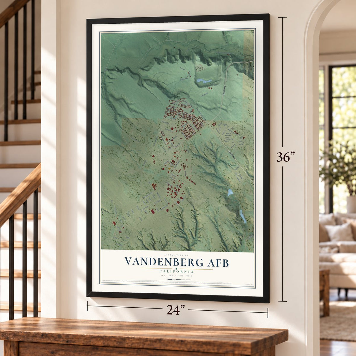 Vandenberg AFB, California map, 24 x 36 inch print in a black frame by a staircase