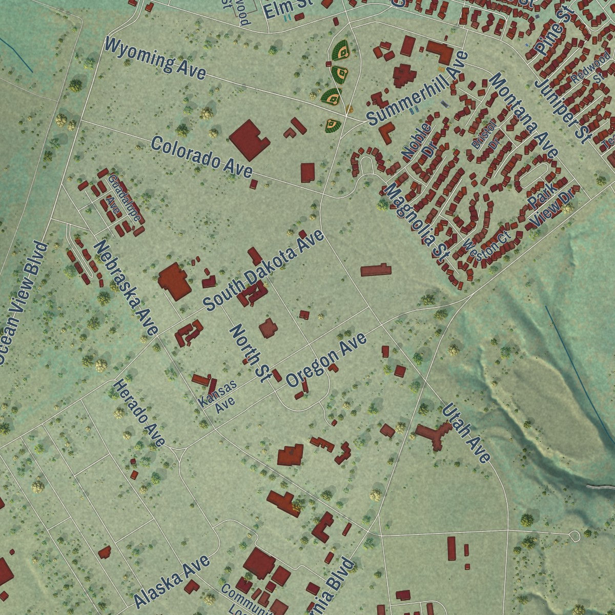 Close-up of the map of Vandenberg AFB, California print showing street and building detail