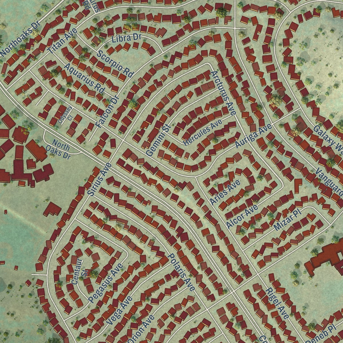 Close-up of the map of Vandenberg Village, California print showing street and building detail