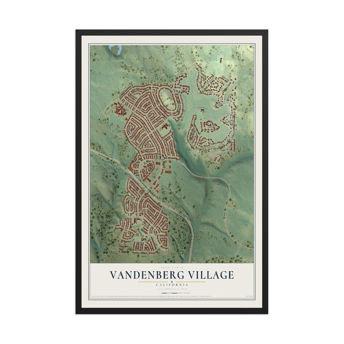 Map of Vandenberg Village, California, 12 x 18 inch print in a black wood frame