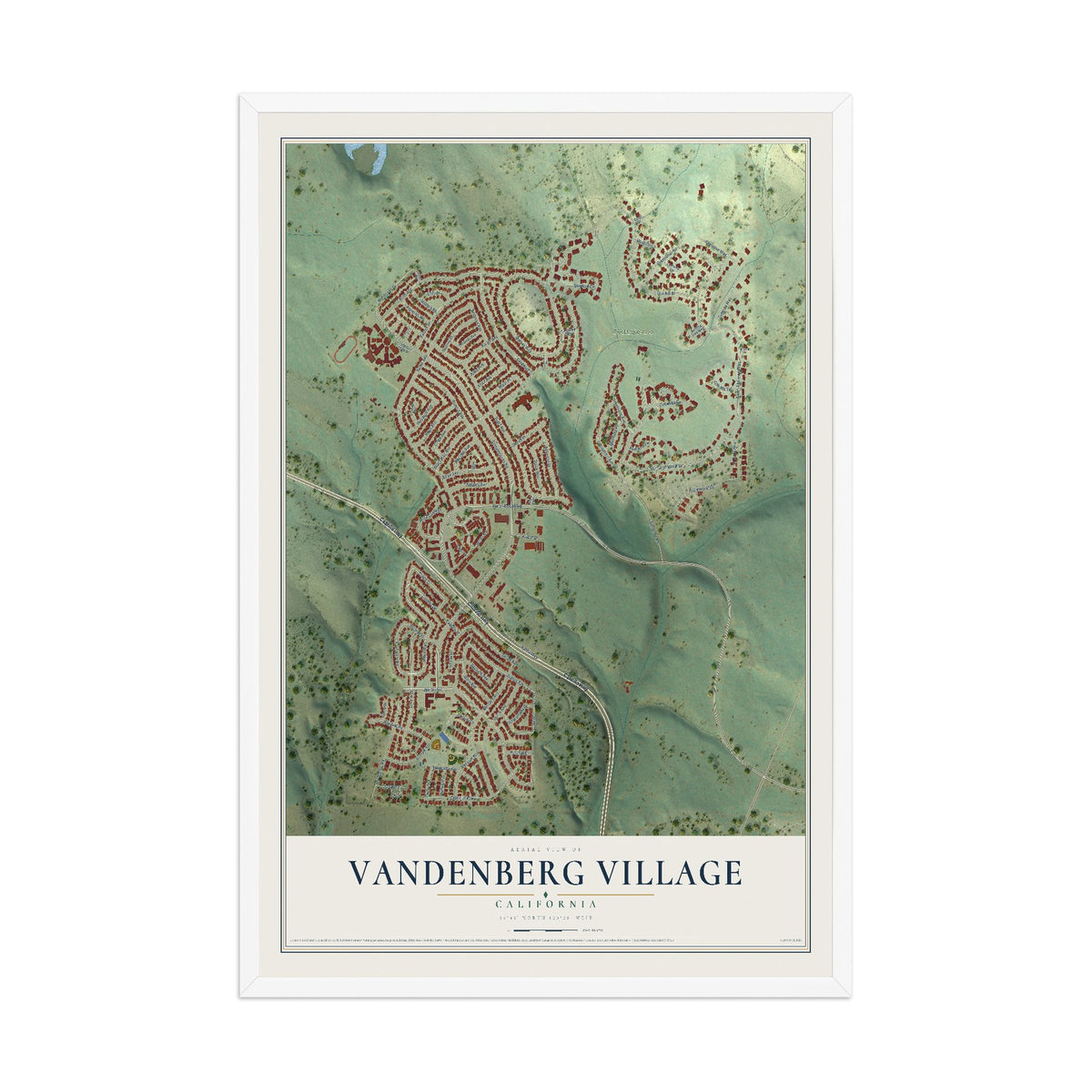 Map of Vandenberg Village, California, 12 x 18 inch print in a white wood frame