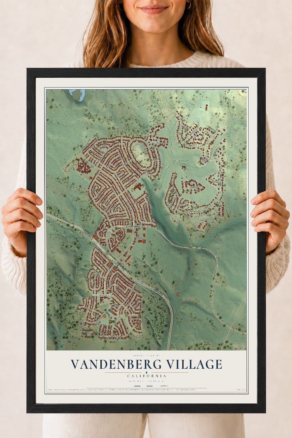 Map of Vandenberg Village, California, 18 x 24 inch print in a black wood frame