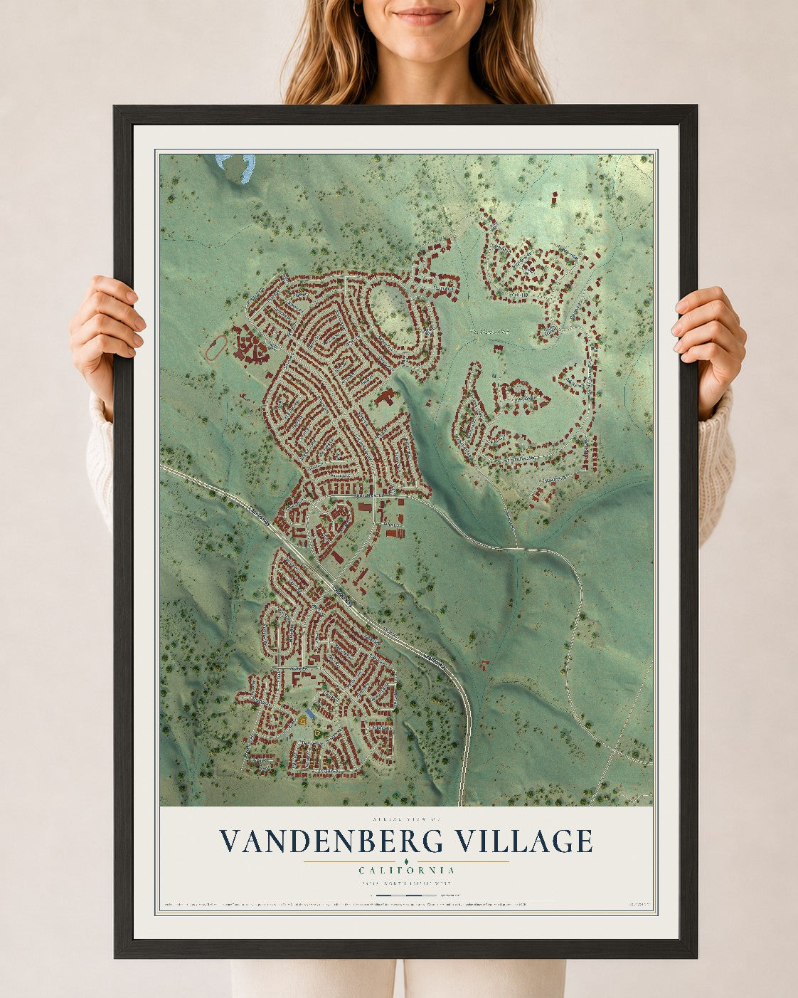 Map of Vandenberg Village, California, 24 x 36 inch print in a black wood frame