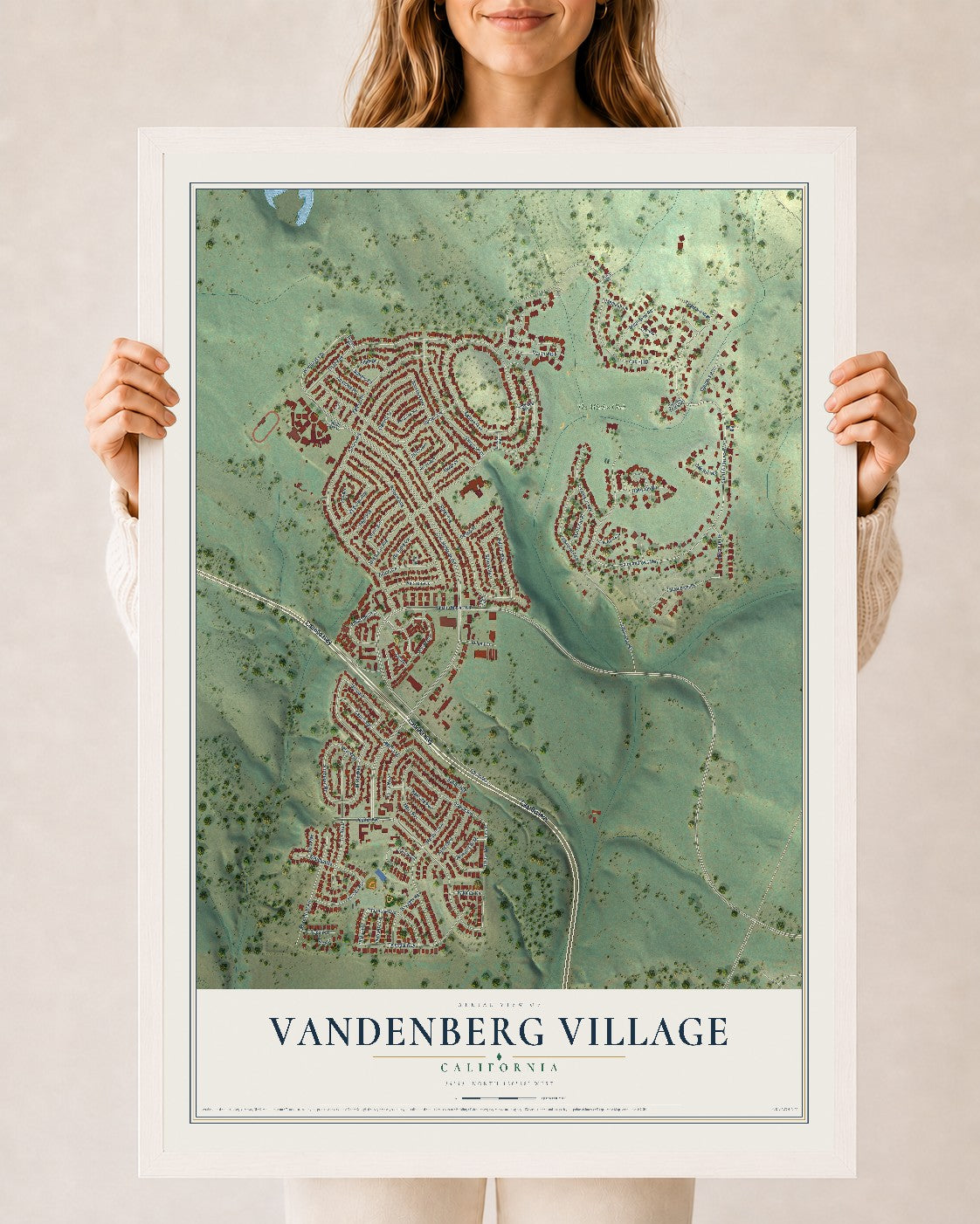Map of Vandenberg Village, California, 24 x 36 inch print in a white wood frame