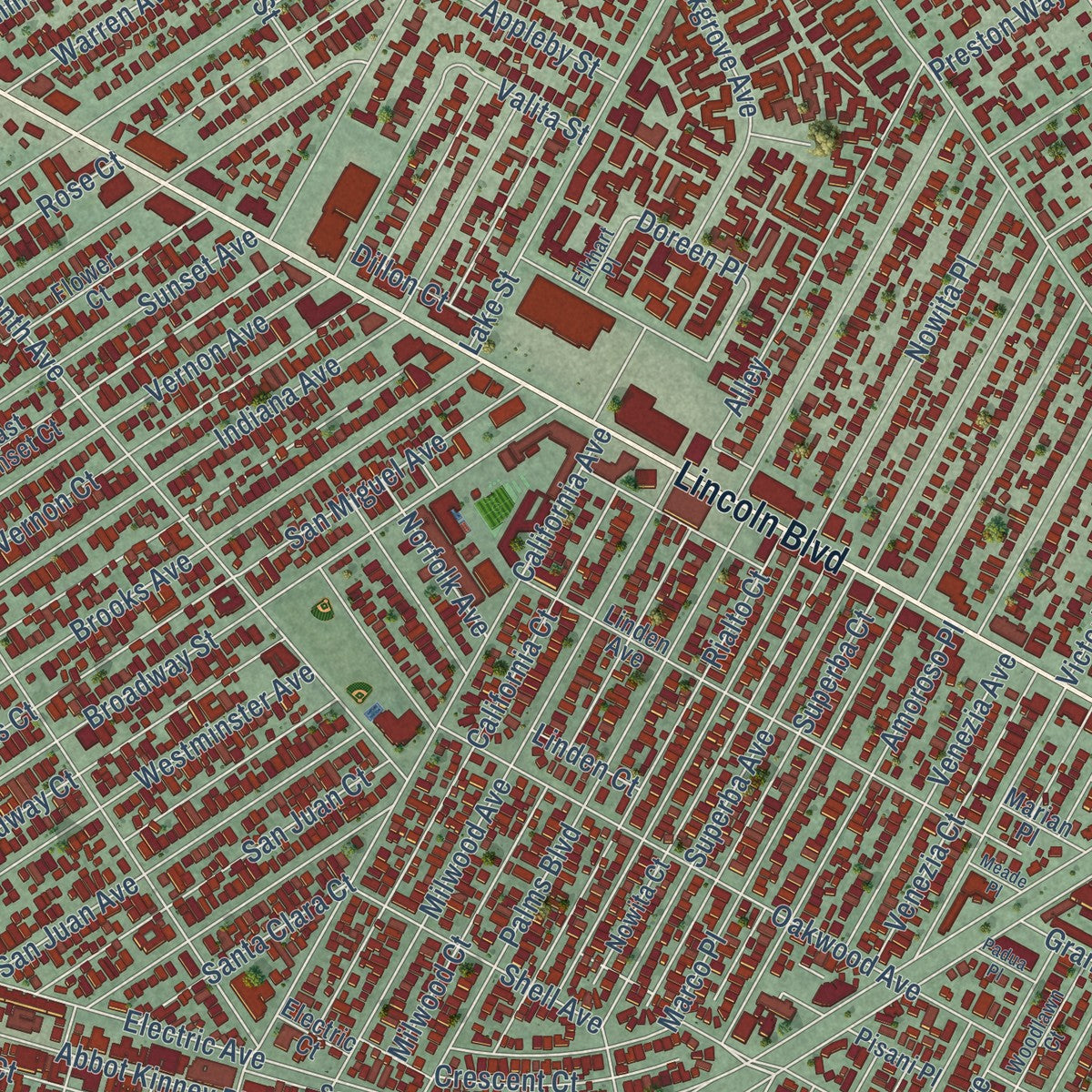 Close-up of the map of Venice, California print showing street and building detail