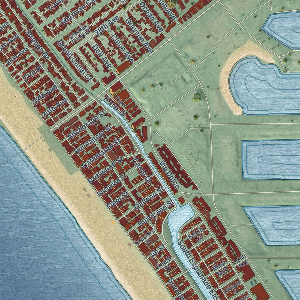 Second close-up of the map of Venice, California print showing more streets and buildings