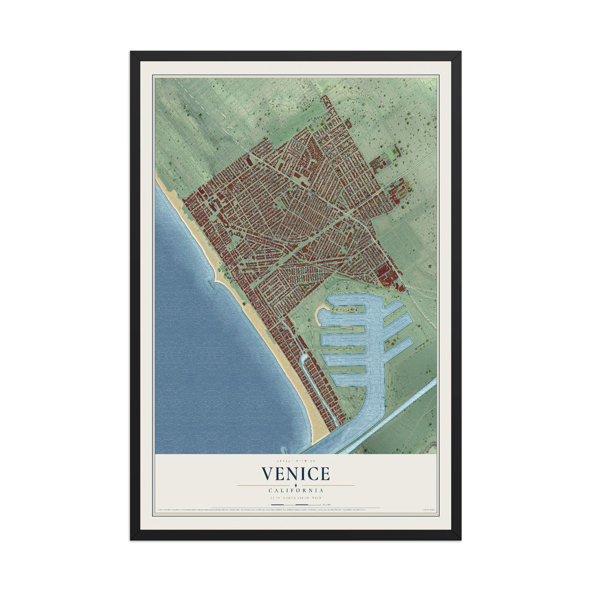 Map of Venice, California, 12 x 18 inch print in a black wood frame