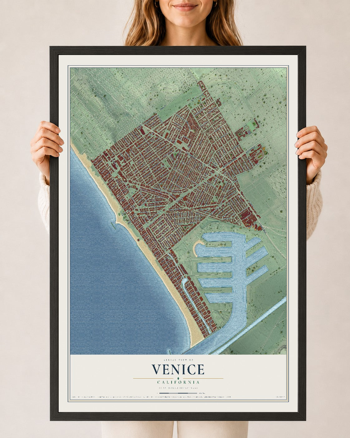 Map of Venice, California, 24 x 36 inch print in a black wood frame