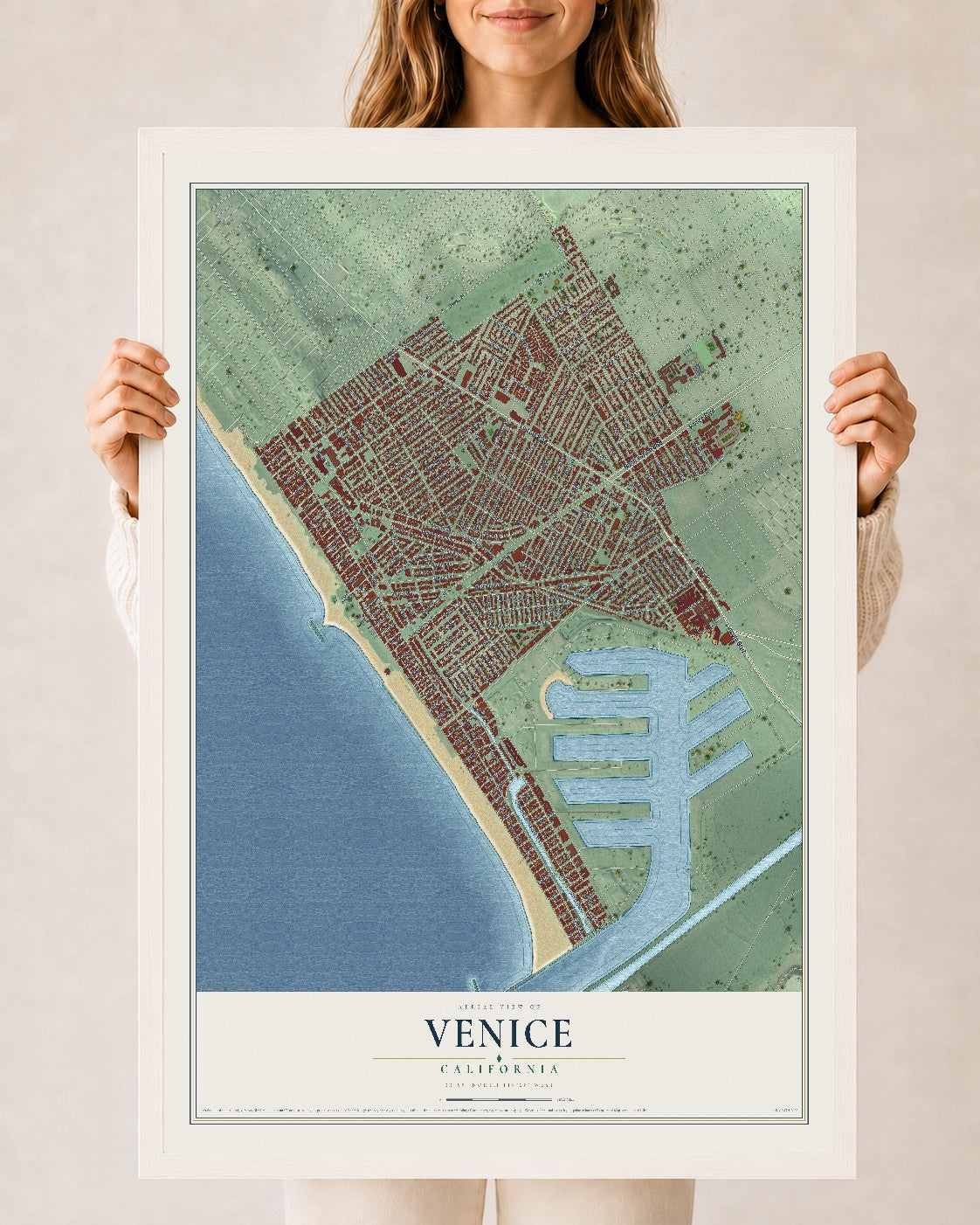 Map of Venice, California, 24 x 36 inch print in a white wood frame