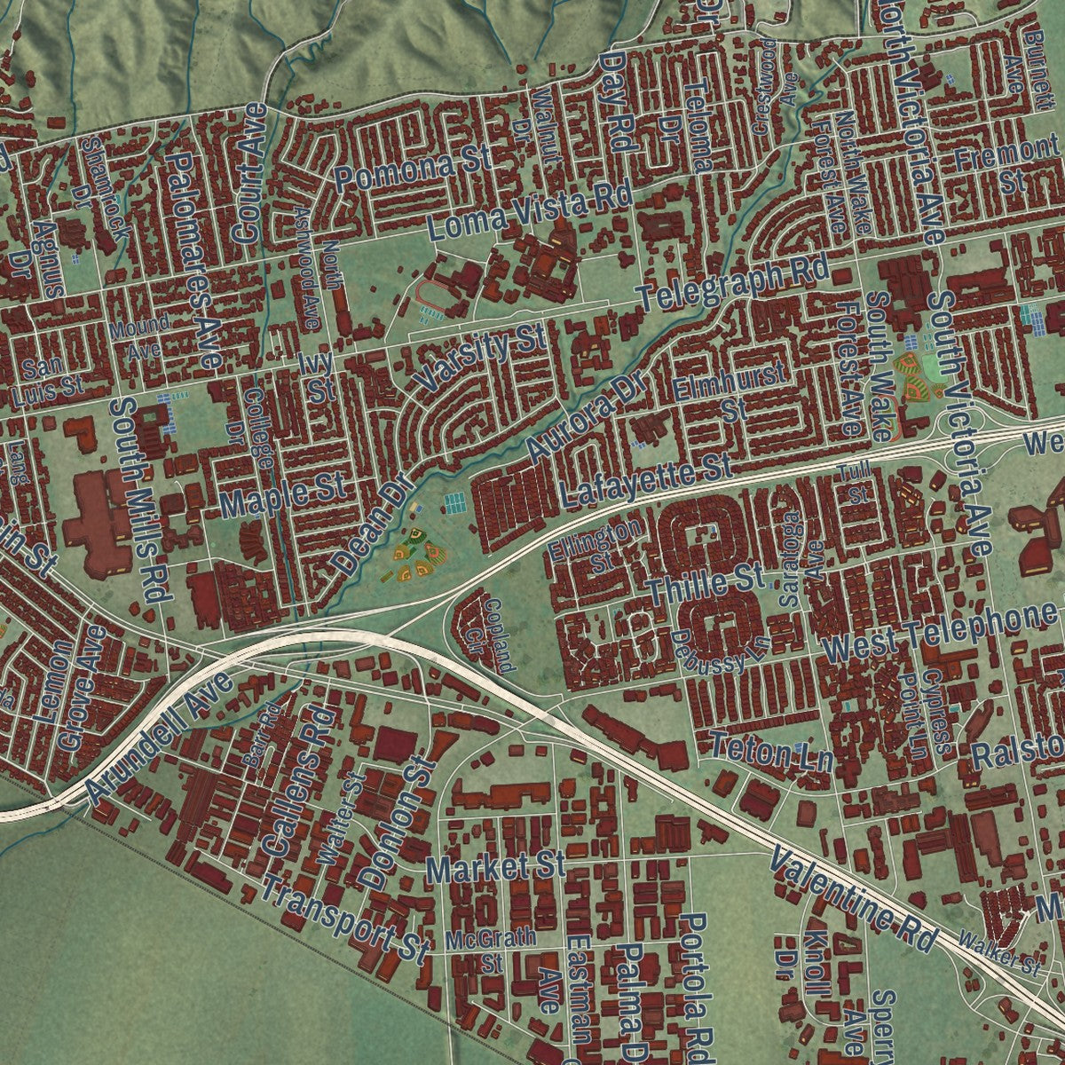 Close-up of the map of Ventura, California print showing street and building detail