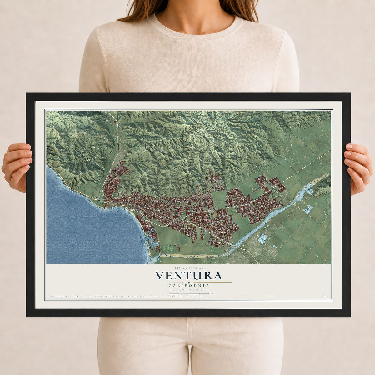 Map of Ventura, California, 12 x 18 inch print in a black wood frame
