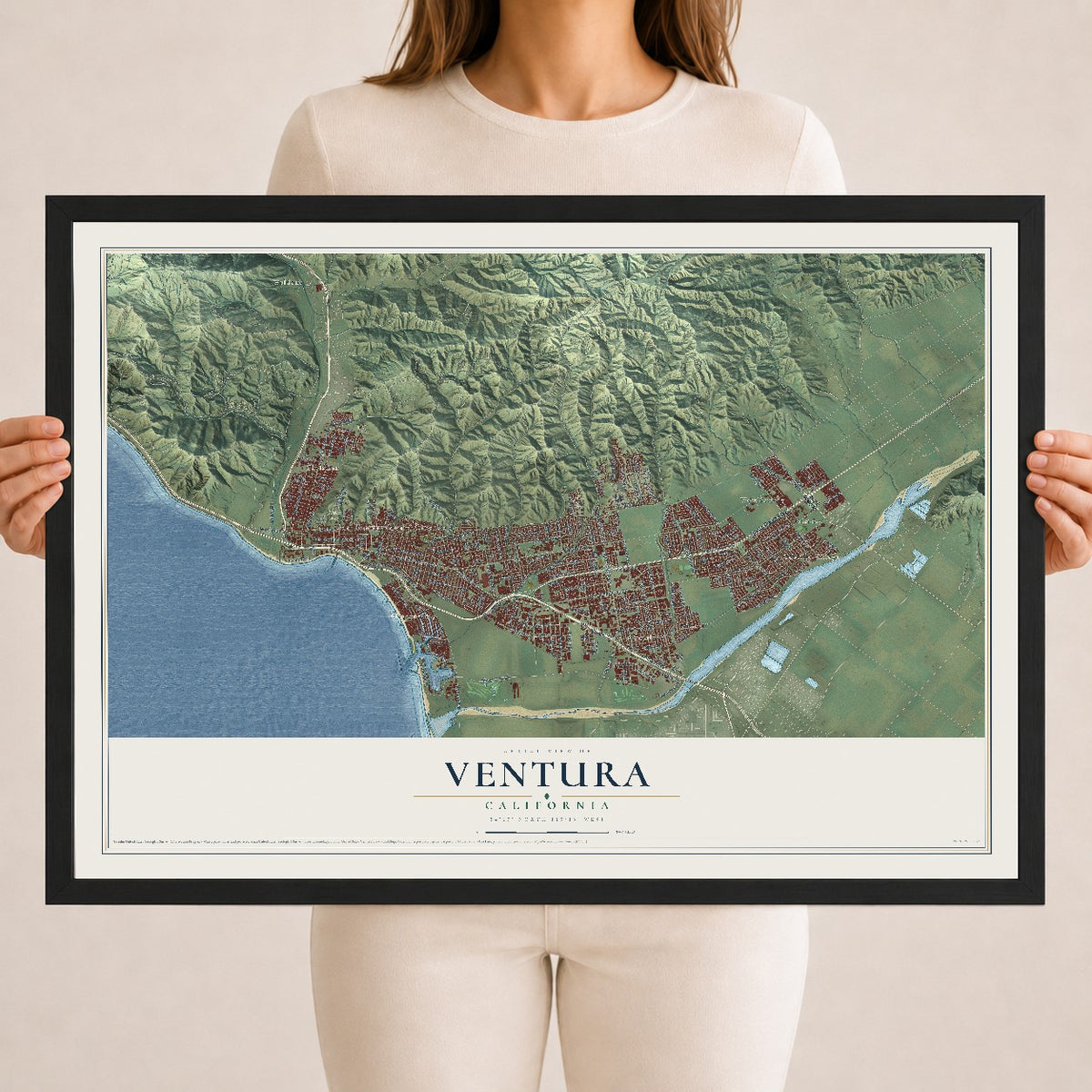Map of Ventura, California, 18 x 24 inch print in a black wood frame