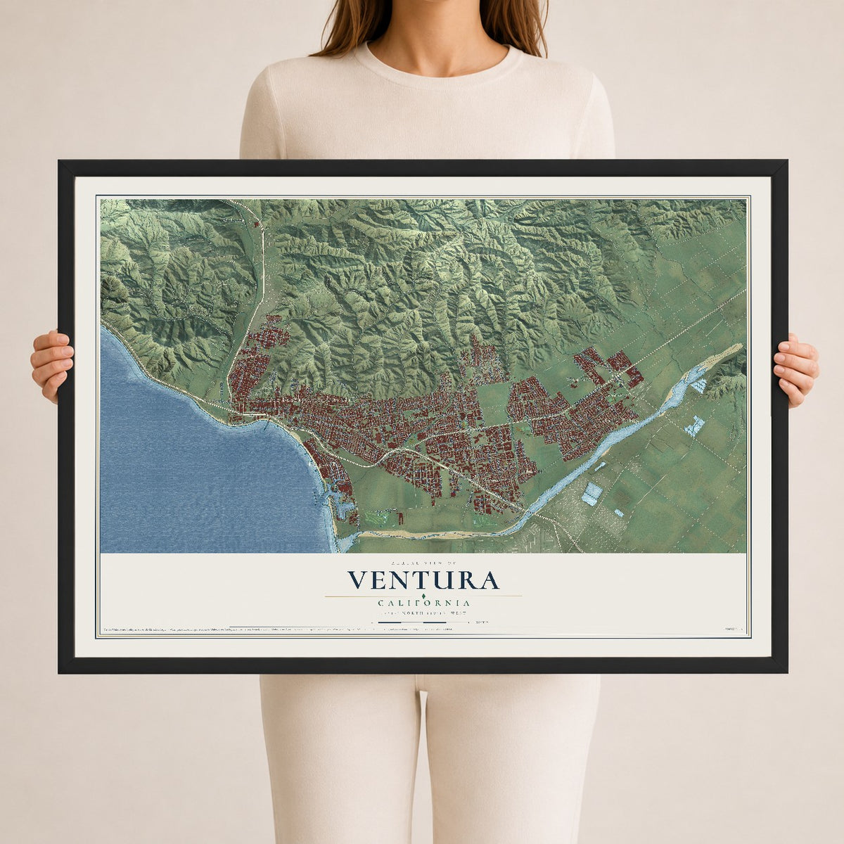 Map of Ventura, California, 24 x 36 inch print in a black wood frame