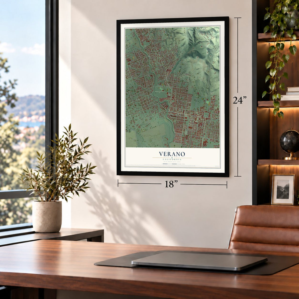Verano, California map, 18 x 24 inch print in a black frame in a home office