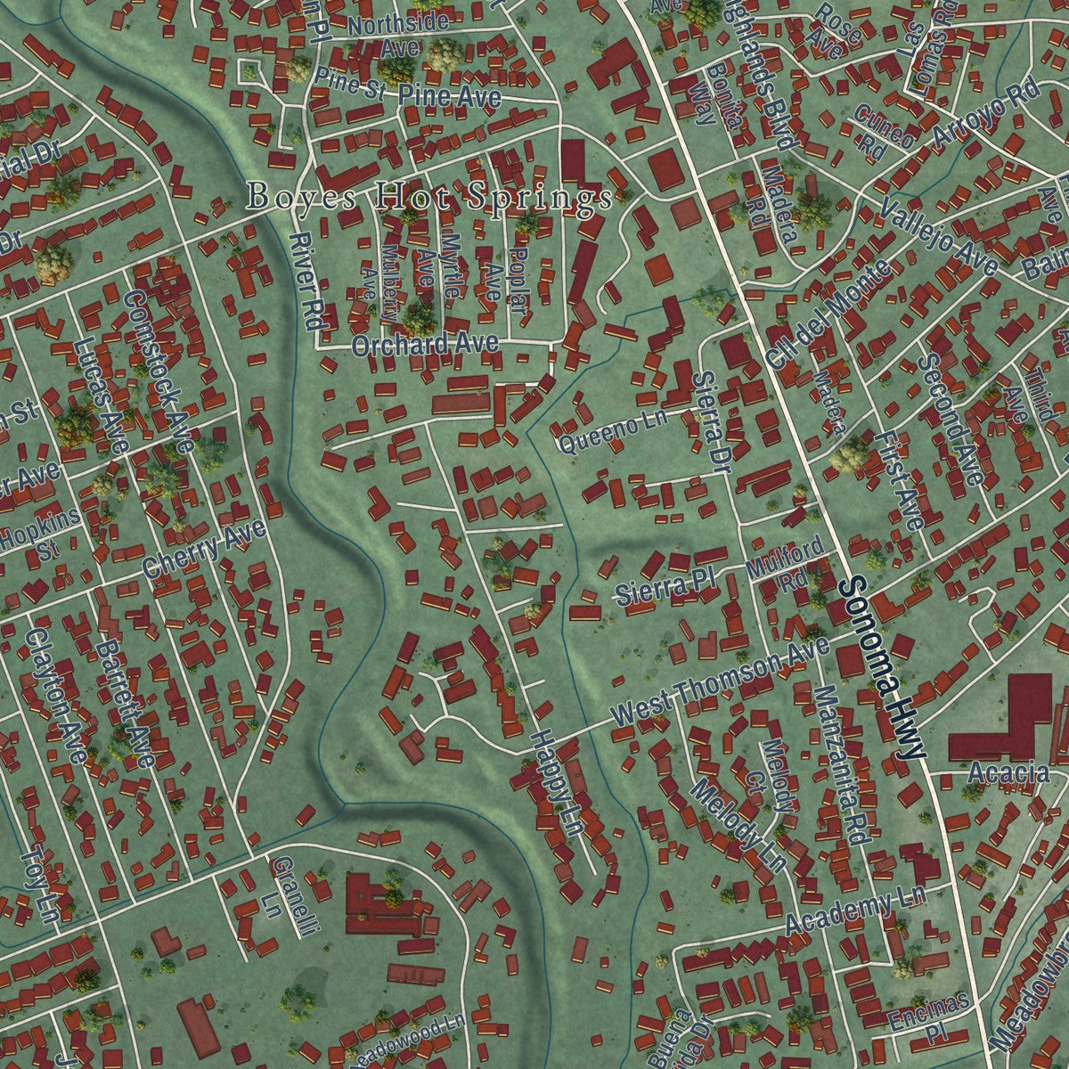 Close-up of the map of Verano, California print showing street and building detail