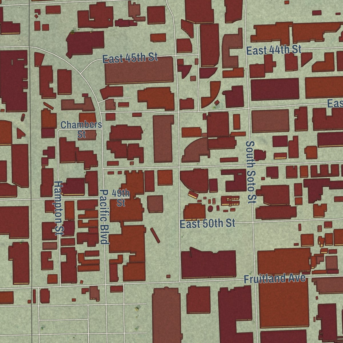 Close-up of the map of Vernon, California print showing street and building detail
