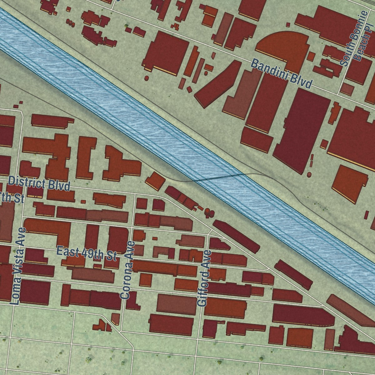 Second close-up of the map of Vernon, California print showing more streets and buildings