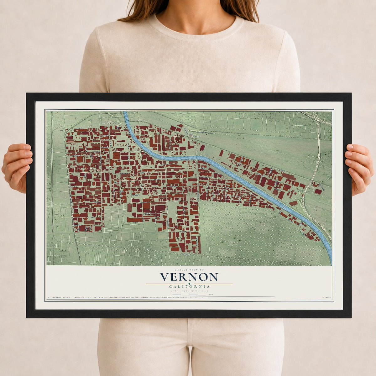 Map of Vernon, California, 12 x 18 inch print in a black wood frame