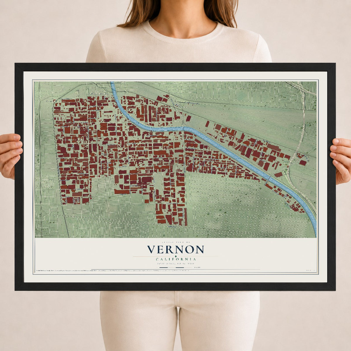Map of Vernon, California, 18 x 24 inch print in a black wood frame