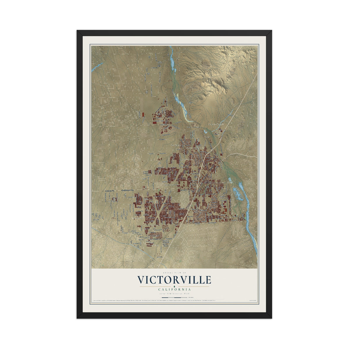 Map of Victorville, California, 12 x 18 inch print in a black wood frame