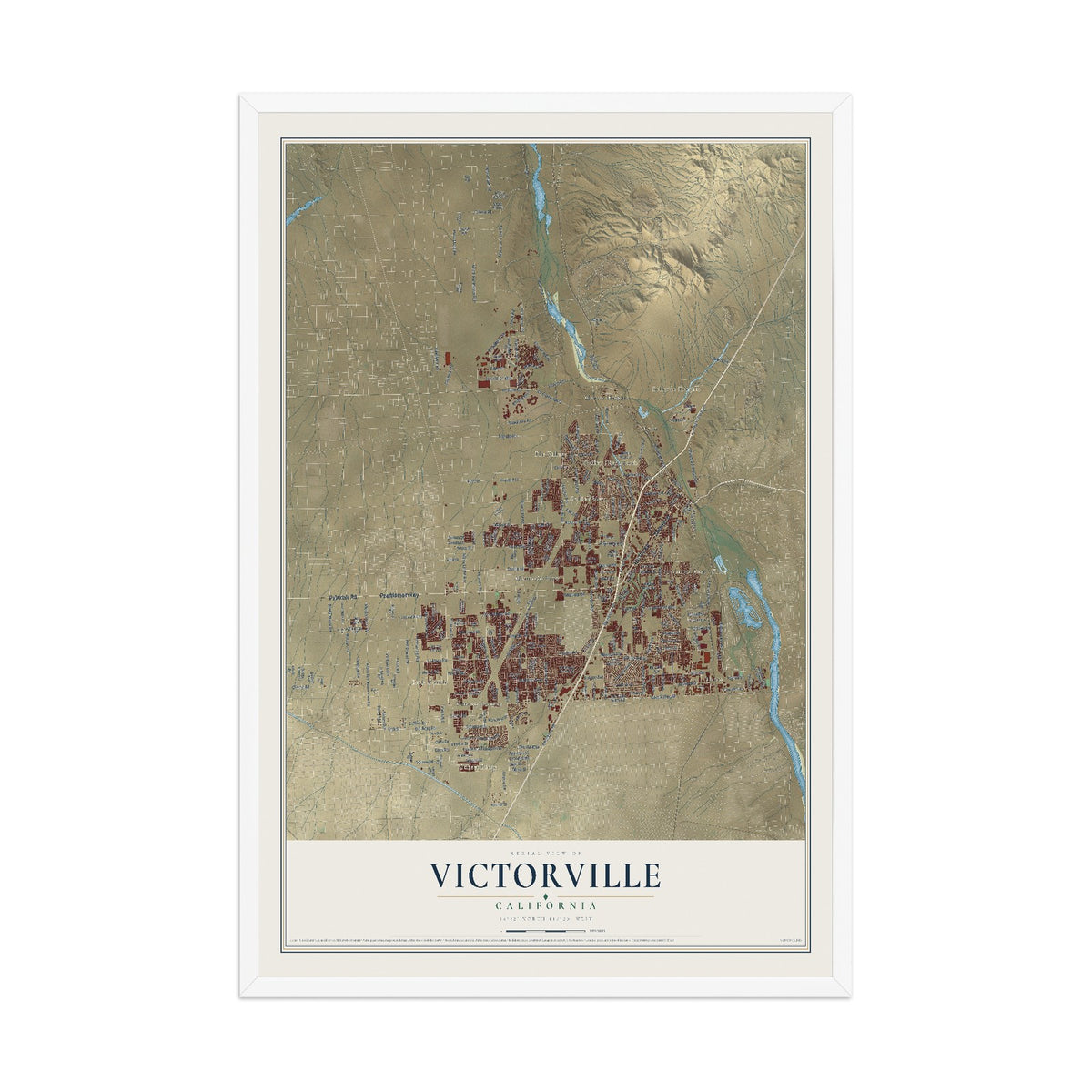 Map of Victorville, California, 12 x 18 inch print in a white wood frame