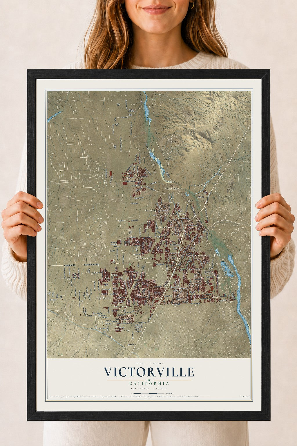 Map of Victorville, California, 18 x 24 inch print in a black wood frame